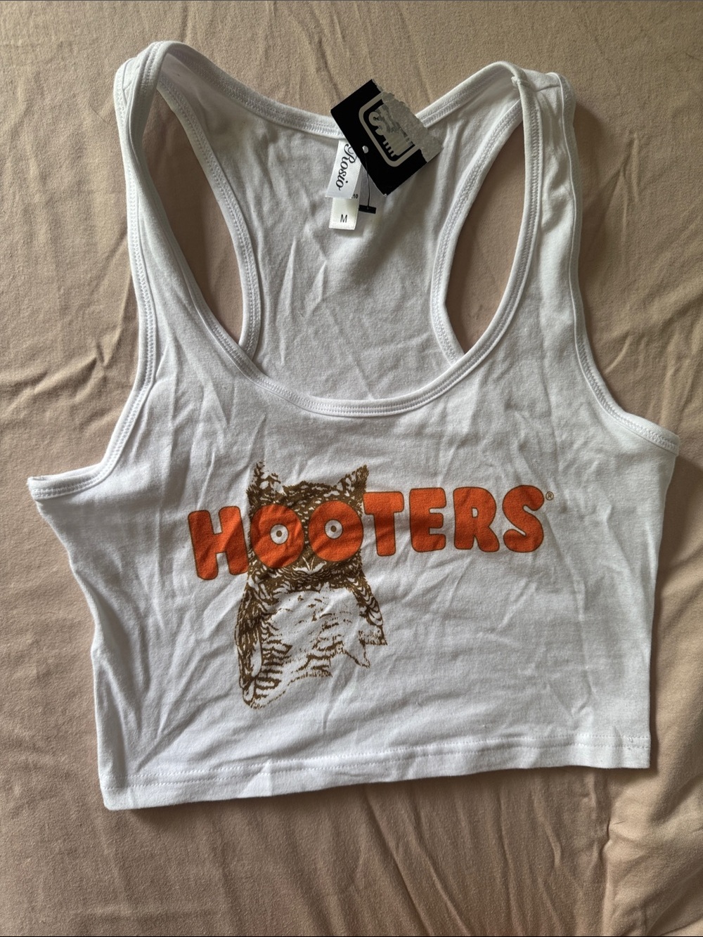 Hooters White Cropped Tank Top with Orange Logo and Brown Owl Graphic